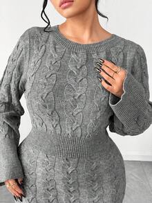 Elenzga Women's Autumn/Winter New One-Piece Crew Neck Fitted Mid-Length Elegant Lady Daily Versatile Fashion Knit Long Sleeve Sweater Dress - Grey - View 7