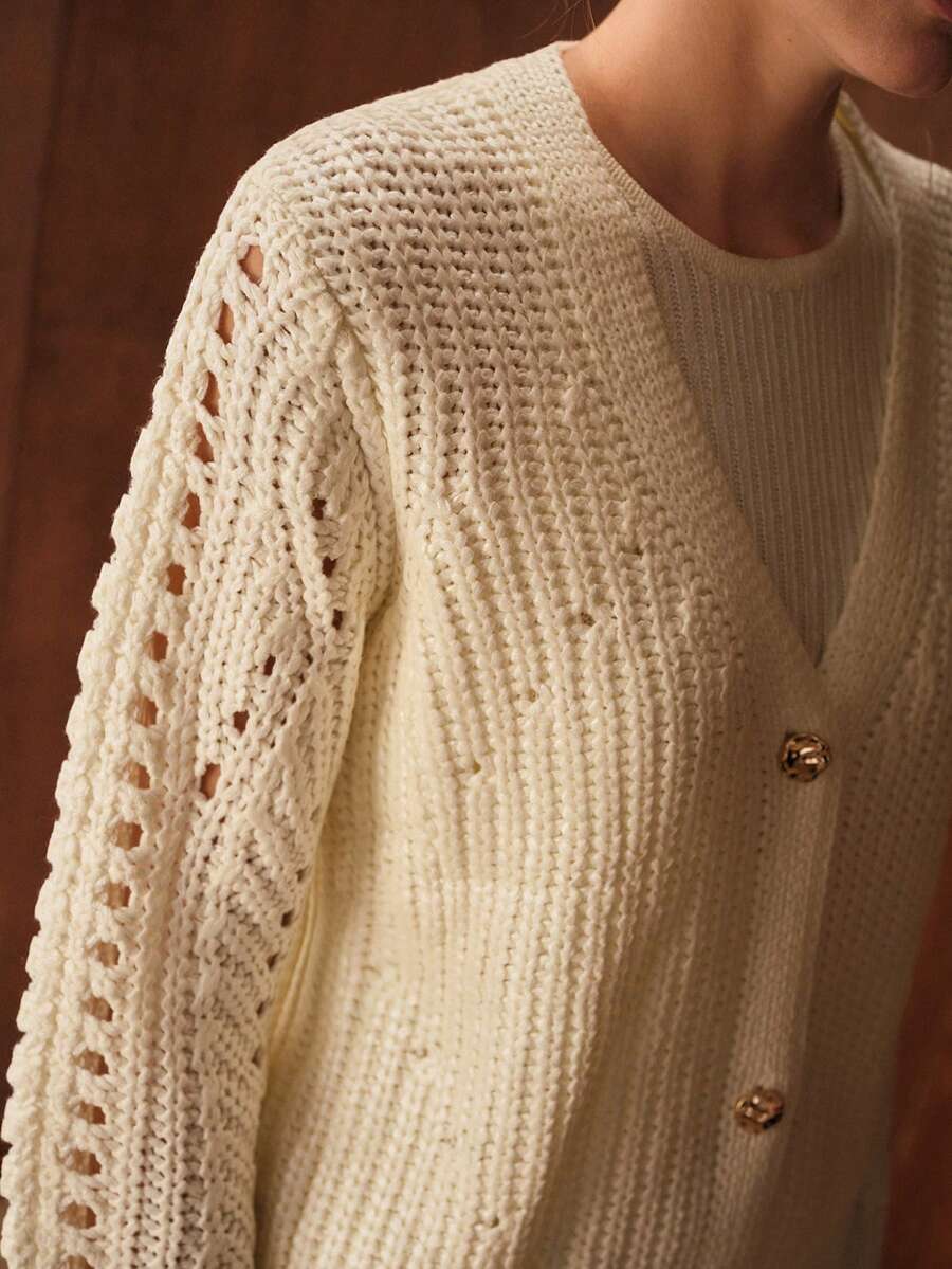 MOTF PREMIUM POINTELLE KNIT BUTTON UP CARDIGAN - White - View 2