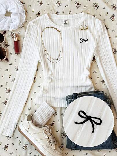 Tween Girls Casual Street Style Bow Embroidered Graphic Long Sleeve T-Shirt
