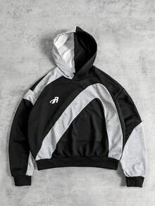 ROMWE MEN Street Life Áo hoodie nam phối màu, dáng rộng, tay dài. - màu đen - Xem 1