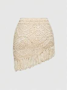ROMWE Women Fairycore Handmade Crochet Tassel Holiday Style Skirt - Apricot - View 2