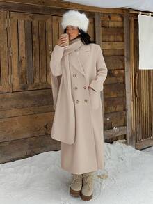 Muchica Abrigo largo de lana de doble botonadura con diseño de bufanda de cuello chal, otoño/invierno - Caqui - Ver 6