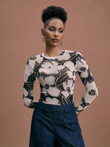 JIAN LASALA Crew Neck Floral Printed Slim Fit Sheer Mesh Top Women Casual Elegant Party Holiday Sheer Long Sleeve Top Long Sleeve Mesh Top Mesh Tops For Women Mesh Long Sleeve Top Long Sleeve Top For Women Long Sleeve Printed Top Floral Mesh Top Bodysuits For Women Long Sleeve Graphic Tops - Multicolor - View 3