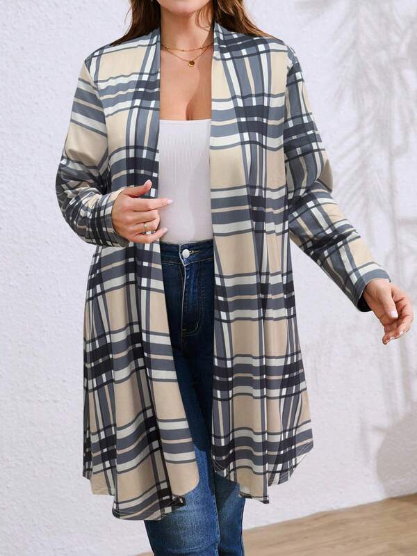 Chaqueta de punto informal con estampado de cuadros y bajo asimétrico para mujer de talla grande