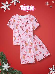 少女圣诞卡通印花睡衣套装 - 粉色 - 查看 1