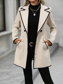 EMERY ROSE 女士翻领长袖双排扣休闲外套 女士长款大衣 女士长款夹克 女士西装外套 黑色滚边 秋季服装 女士秋季穿搭 冬季 男士冬季外套 女士冬季夹克 外出穿搭 时尚女士衬衫 女士外出上衣 女士冬季服装 女士秋季服装 - 白色 - 查看 4