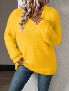 SHEIN LUNE Sweater Rajut Wanita Warna Kuning dengan Kerah V dan Bulu Cerpelai, Minimalis dan Serbaguna - Kuning - View 4