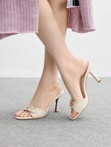 CUCCOO BIZCHIC Giày cao gót hở mũi tròn thời trang phong cách retro PU + khóa vàng trang trí màu be cho nữ - Màu be - Xem 4