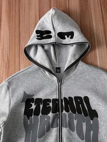 Manfinity Roghcode Men's Loose Fit Zip Up Hooded Sweatshirt With Thermal Lined, For Fall Winter, Long Sleeve Top