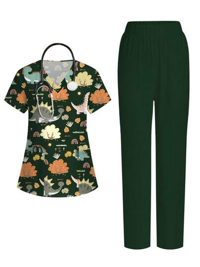 PopScrub Plus Size Women Dinosaur & Plant Cartoon Digital Print V-Neck Short Sleeve Scrub Top With Pockets, Snap Front, Split Hem, /Nursing Uniform