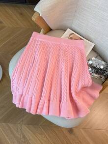 SHEIN Clasi 女装秋季新款纯色绳花图案经典设计休闲少女日常百搭宽松下摆针织毛衣裙 - 粉色 - 查看 2