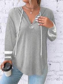 SHEIN LUNE Plus Size Spring Autumn Casual Color Block Striped Drawstring Hooded T-Shirt Fall Cloth For Women - Grey - View 4