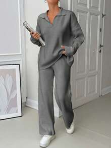 EURMUSE Woman Loose Fit Comfy Warm Thick Polo Neck Sweater And Pants Co-Ords Two Pieces Set - Grey - View 3