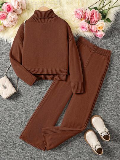 Sparklyn 1pc Girls Knit Sweater Set, Minimalist Casual Style, Solid Color No Pattern, Braided Shoulder, Turtleneck Long Sleeve Cropped Sweater Paired With Matching Knit Wide Leg Pants, Regular Thickness, Smooth Texture Solid Color Clean Knit Set, Everyday Wear, Spring/Autumn/Winter Girls Sweater Sets Kids Brown Outfit Brown Outfit For Girls Tween Matching Set Knit Teen Girl Brown Set