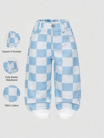 SHEIN Explorewe Denimly Baby Girl Casual Outdoor Collegiate Fashion Versatile Elastic Waist Plaid Washed Denim Pants Fall Winter