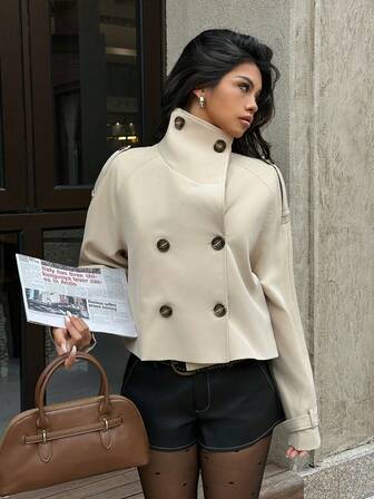 MainGRL 女性用 無地 ミニマリスト デイリー カーキ色 織物 長袖トレンチコート