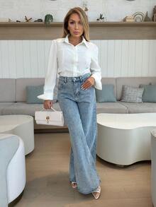 Cioccolato 女士水钻装饰低腰阔腿蓝色牛仔裤，Y2K 音乐节 - 淺色水洗藍 - 查看 5