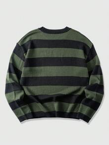 ROMWE MEN Street Life Teen Boy Striped Crew Neck Long Sleeve Casual Sweater, Autumn/Winter - Dark Green - View 2