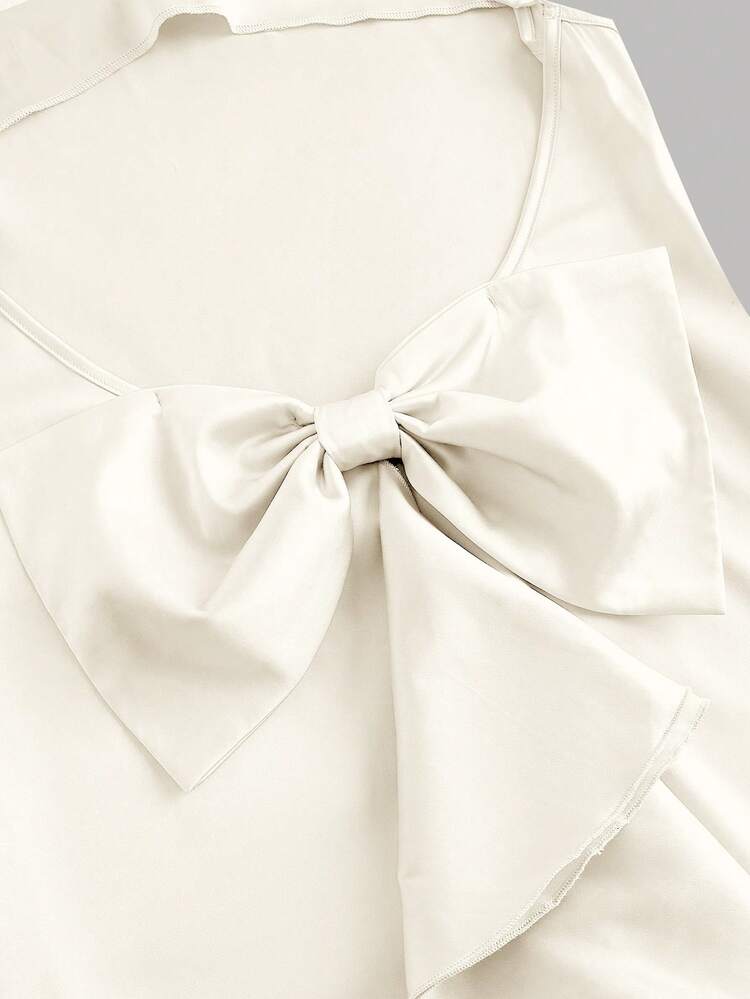 SHEIN MOD Vintage Court Beige Ruffle Off-Shoulder Dress With Flowing Ribbons, Luminous Satin, Open Back Design And Mermaid Silhouette - Perfect For Parties, Vacations, Dates, Birthday Celebrations, Afternoon Teas, And Festivals - Beige - View 3