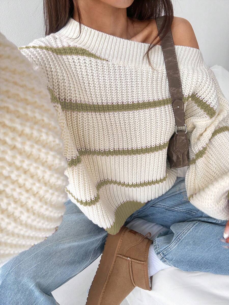 Flirla 性感露肩宽松黑白条纹女式毛衣 - 彩色 - 查看 1