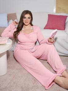 SHEIN Romantisches Fransen-Patchwork Schlafanzug-Set mit Halsbindung, bequeme Große Größen Rosa Pyjama-Sets für Frauen, Herbst- & Winterkleidung - Schwarz - Übersicht 4