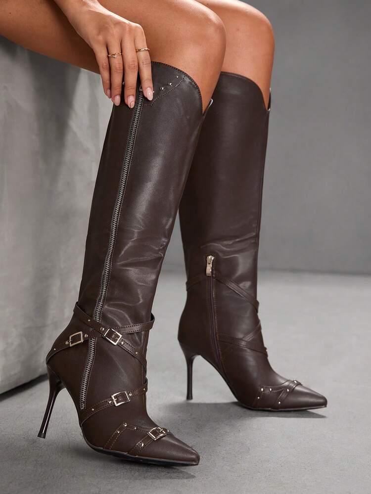 CUCCOO SZL Women's Pointed Toe Stiletto High Heel Boots, Silver Zipper Decor, Brown PU Material, Fashion Comfortable For Daily, Party, Banquet, Side Zipper