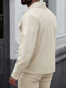 Manfinity CasualCool Men's Casual Solid Color Single-Breasted Jacket, Autumn Casual Men Cream Men Autumn Fall/Winter Beige Shacket Men Long Sleeve Jacket Old Money,Daily Leisure, Weekend Trips, Outdoor Activities, Travel Expeditions, Relaxed Work Environments Or Semi-Formal Occasions,Boyfriend/Husband Gift, Anniversary Gift Christmas - Beige - View 2