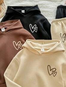 LMoss Kids LMoss 6pcs Young Girl Solid Color Heart Pattern Hooded Sweatshirt And Leggings Set,Sisters Outfit,Styles Comfortable Autumn & Winter,Cozy Fall & Winter Styles,Winter Clothes,Hoodie,Long Sleeve Top,Winter Set - Multicolor - View 5