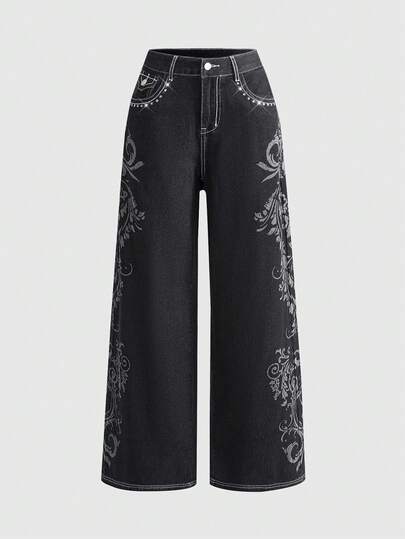 Grunge Punk Gothic Vintage Cross & Vine Print Loose Wide-Leg Women Jeans