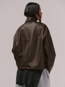 MUSERA Oversized High Neck Faux Leather Full Zip Up Jacket Night Out Winter Outerwear - Chocolate Brown - View 4