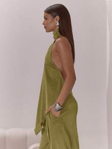 MUSERA Top con cuello alto, drapeado de satén, espalda abierta con lazo, elegante y sexy para ocasiones nocturnas, vacaciones, otoño, capas, invierno, fiesta, primavera, verano - Verde Oliva - Ver 4