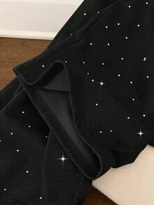 SHEIN Tall 高个女式休闲美式纯色水钻装饰高腰抽绳松紧腰宽松直筒裤 - 黑色 - 查看 3