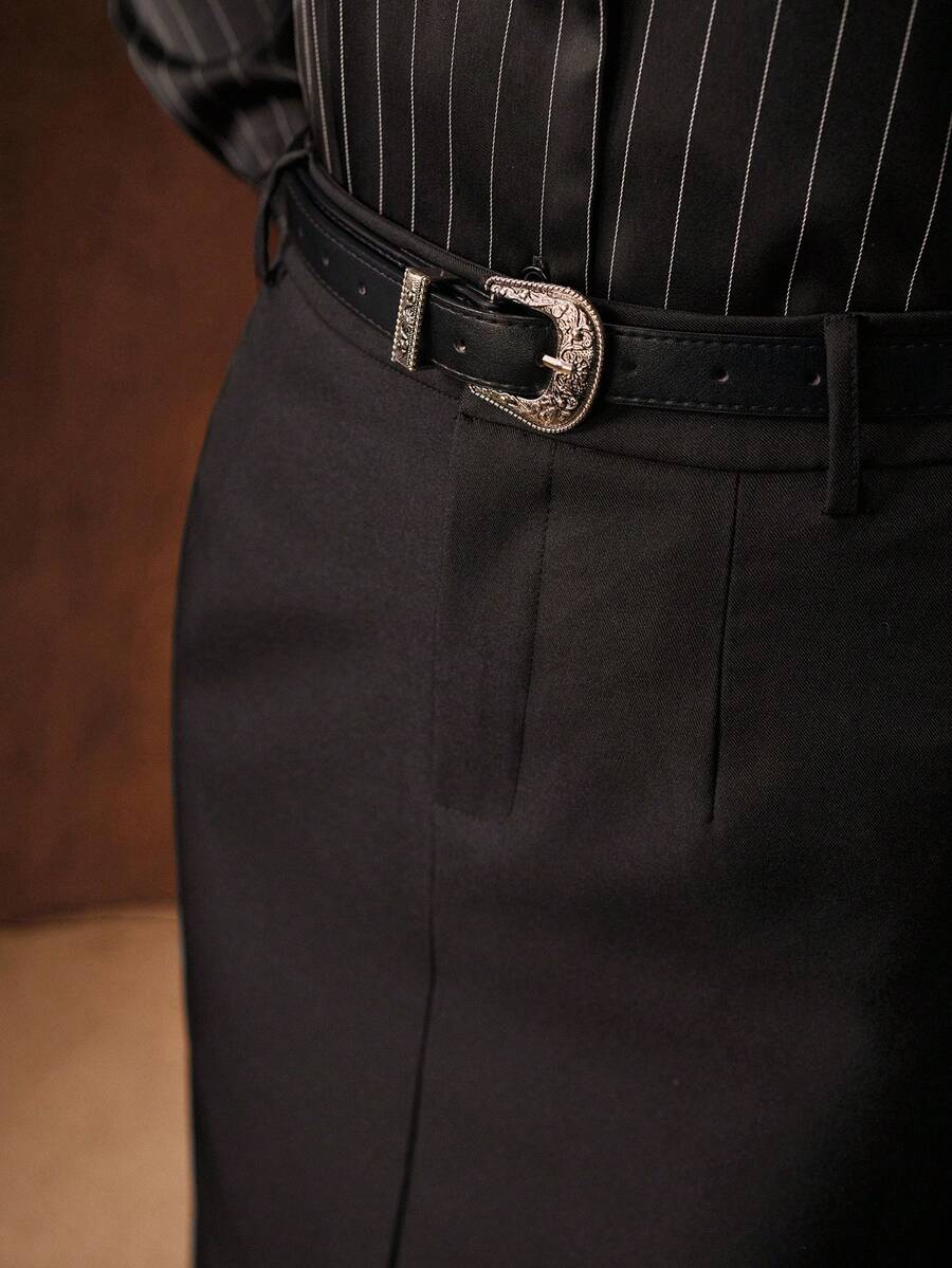 MOTF PREMIUM SOLID SPLIT HEM BELTED STRAIGHT SKIRT - Black - View 2