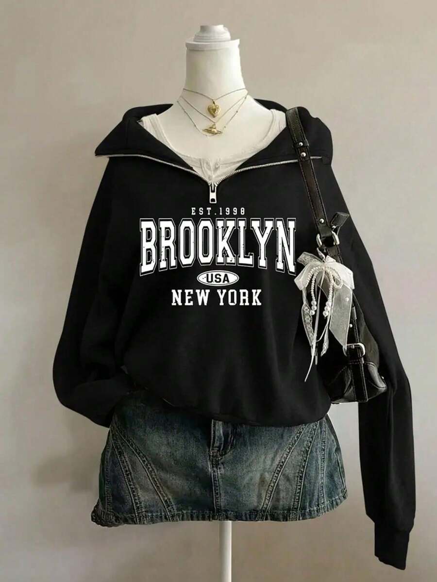Teen Girl Casual Black Brooklyn Graphic Print Sweatshirt, Comfortable & Sporty, Suitable For Autumn/Winter Wear, Outdoor Picnic, Street Photography, Campus, Going To School, Shopping, Sports And Other Occasions - Black - View 1