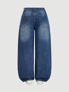 SHEIN MOD Plus Size Women Loose Fit Ripped Flare Leg Jeans, Blue - Dark Wash - View 2
