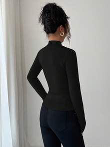 Selianne 时尚不对称休闲舒适轻盈镂空露肩二合一交叉肩带宽松针织毛衣 - 黑色 - 查看 2