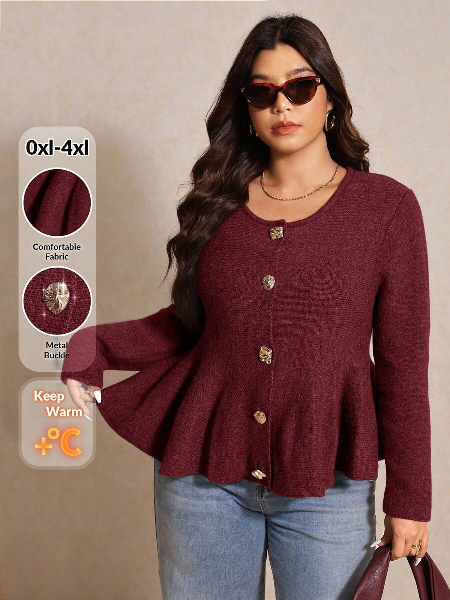 Elaquor 大码女式休闲简约百搭都市时尚通勤灰色开衫，饰有优雅金属扣，秋冬款 - 酒紅色 - 查看 1