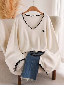 CosyJoli Áo len chui đầu tay dài cổ chữ V viền màu cỡ lớn - Màu be - Xem 1