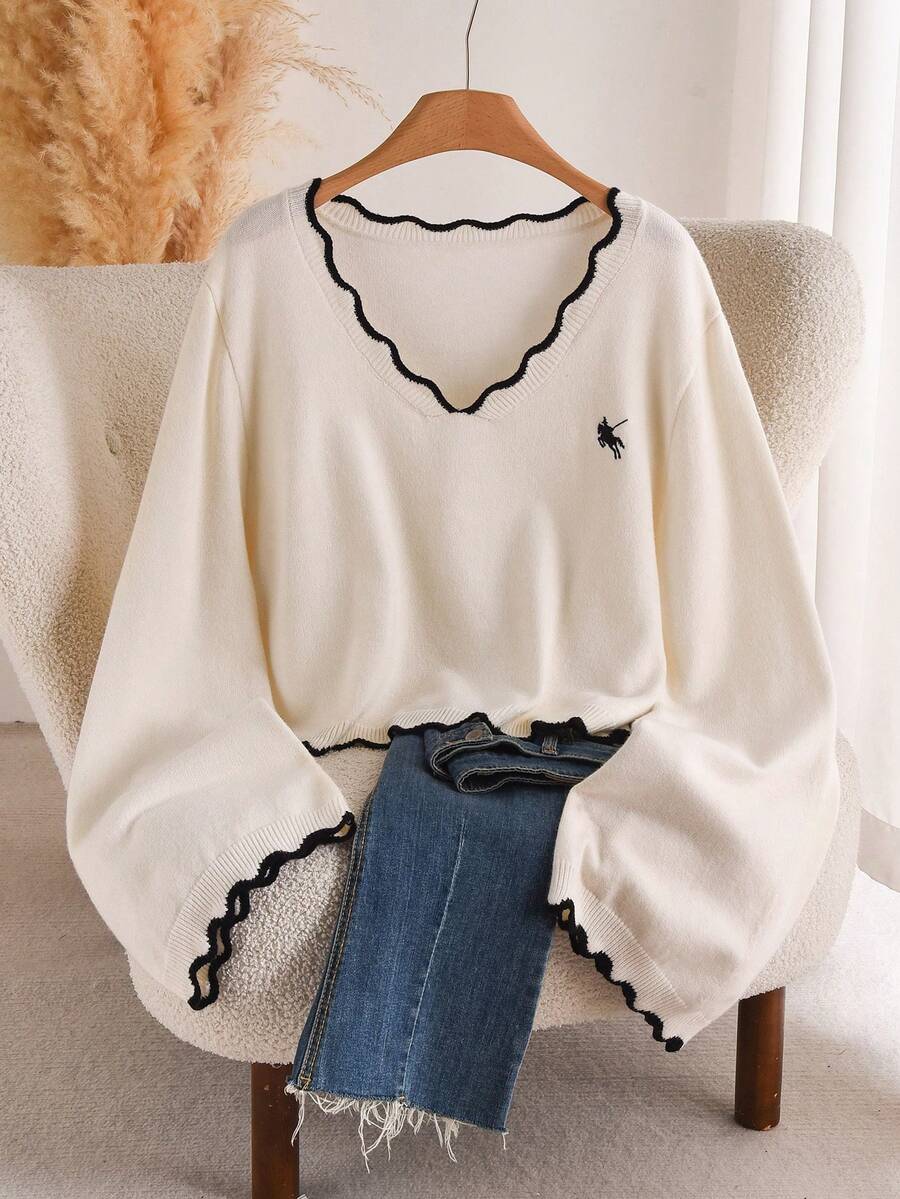 CosyJoli Áo len chui đầu tay dài cổ chữ V viền màu cỡ lớn - Màu be - Xem 1