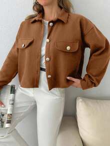 EURMUSE Solid Color, Gold Button Details, Coat - Camel - View 4