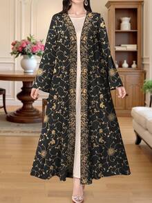 SHEIN Najma 女士花卉数码印花长袖休闲阿拉伯长袍，春秋季 - 彩色 - 查看 1