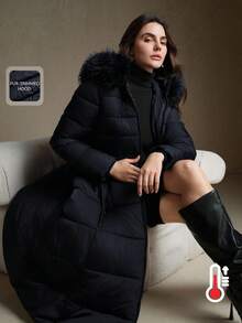 Anewsta 女士冬季新款羽绒服，优雅简约长款过膝连帽可拆卸毛领腰带A字下摆时尚羽绒服 - 藏蓝色 - 查看 5