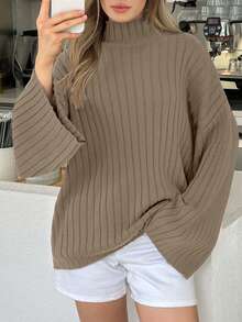 EURMUSE Women High Neck Flare Sleeve Rib Knit Comfy Sweater Pullover - Beige - View 3