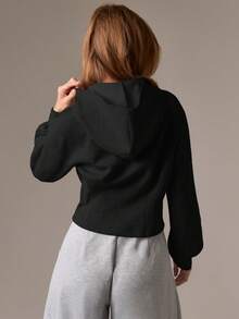 AiiRZ 短款拉链连帽卫衣，前拉链设计，适合秋冬休闲穿着 - 黑色 - 查看 2