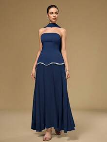 Coutiva 女士优雅派对无肩带晚礼服 - 藏蓝色 - 查看 3