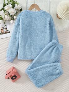 Girls Smoke Blue Minimalist Plush Animal Cat Graphic Embroidered Long Pants & Long Sleeve Comfortable Pajama Set - Dusty Blue - View 2