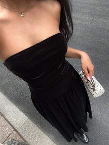 SHEIN EZwear 女士时尚纯色简约性感丝绒抹胸长裙 - 黑色 - 查看 3