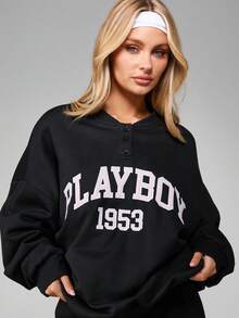 Missguided x Playboy 女士超大纽扣细节棒球卫衣，长袖圆领套头衫 - 黑色 - 查看 3