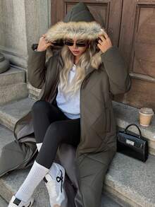 Elyressa 女士休闲拉链连帽外套，带毛领，冬季 - 軍綠色 - 查看 7