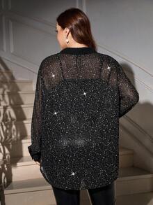 Gownix Plus Size Fashionable Party Metallic Foil Loose Shirt Winter Christmas Christmas For Women Christmas New Year New Year New Year For New Year New Year Women's Thanksgiving For Women Thanksgiving Thanksgiving Shirt Elegant Blouses For Women Sexy Top Sexy Holiday Holiday Vacation Woman Black Top Sequin Top - Black - View 3